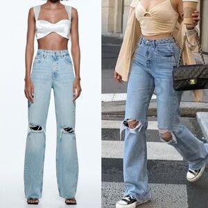 Zara High Waisted Wide Leg Distressed Ripped Jeans Size 6